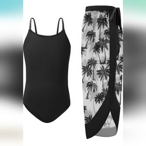 Girls One Piece Swimsuit Size 11-12Y with cover up Black Palm Print Set beach